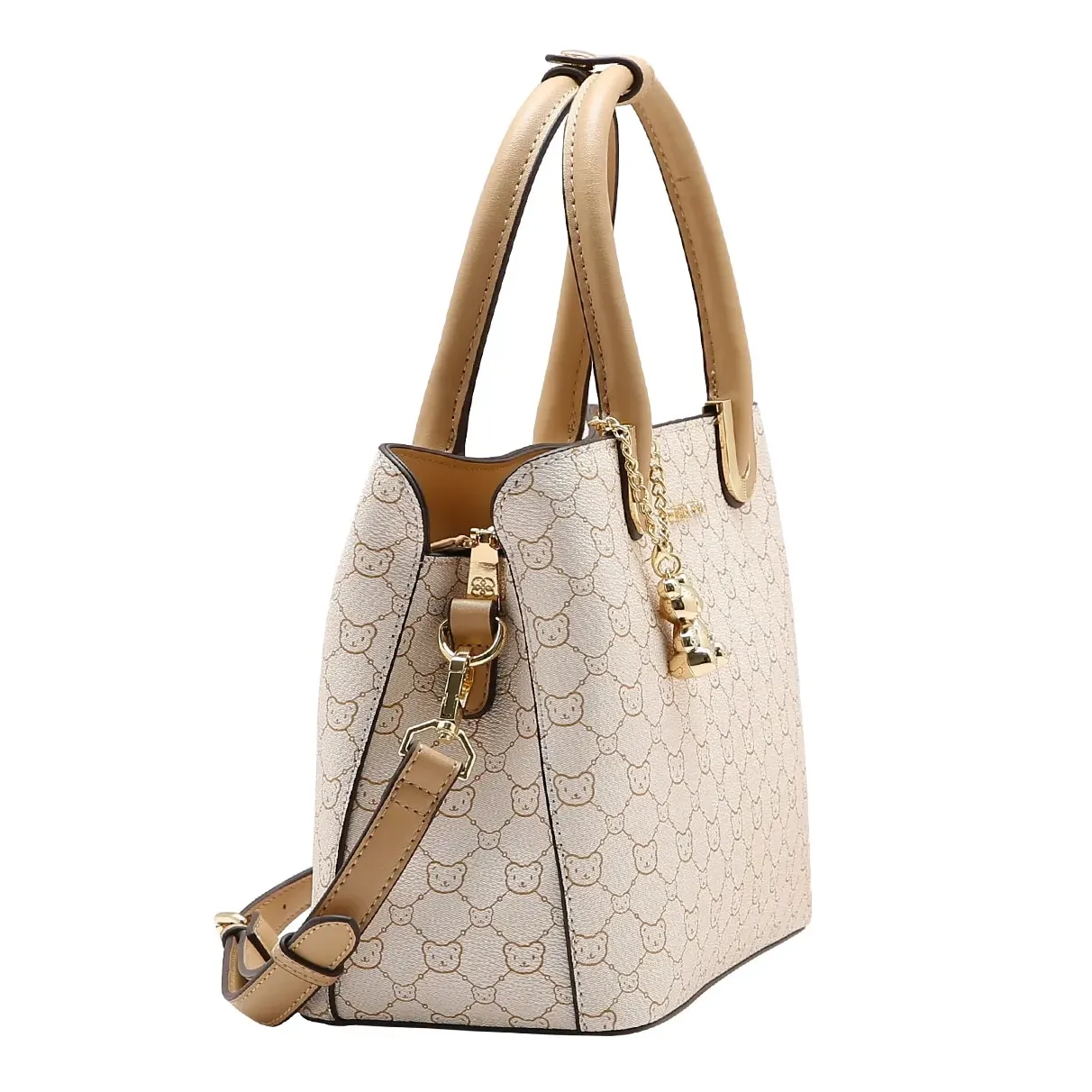Bolsa Chenson Tote Baby Urso bege vista lateral com alça dupla e alça transversal ajustável